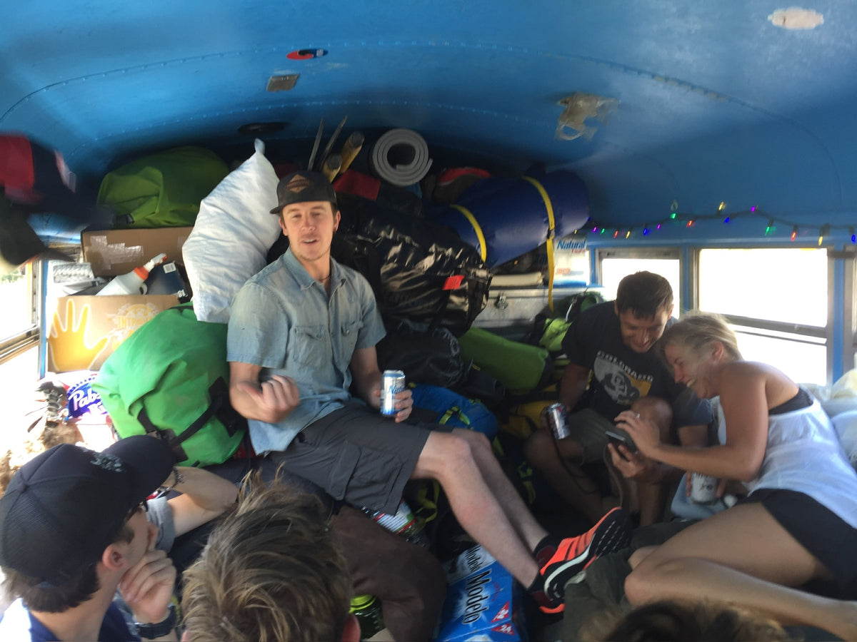 Inside the bus, gear to the ceiling
