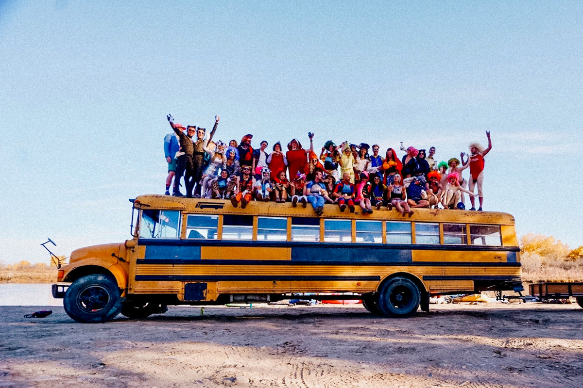 The crew on the roof of Spencer’s bus